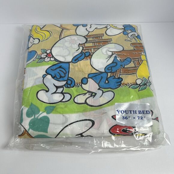 Vintage Smurfs Village Flat Twin Bed Sheet & Pillowcase Lawtex 1983 80s NOS